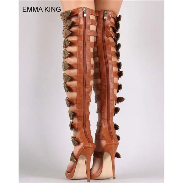 Эмма KING бронза пряжки сапоги выше колена Летние сандали Ботинки женские ботинки