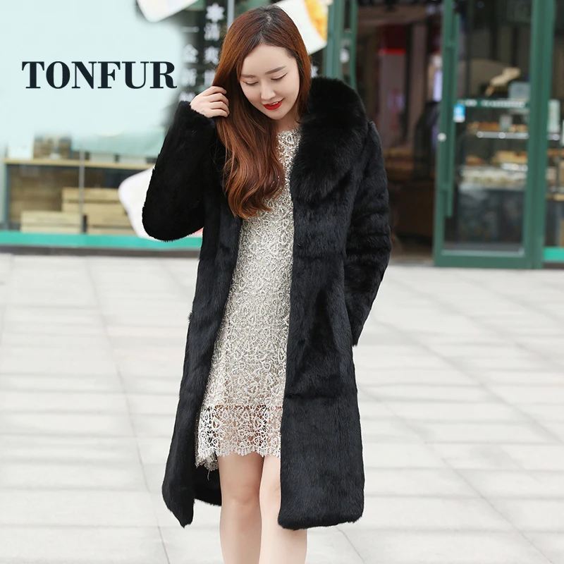 2019 Factory Direct Price Women Winter X Long Real Genuine Rabbit Fur Coat with Luxury Pure Fox Collar Overcoat Hot TSR128 | Женская
