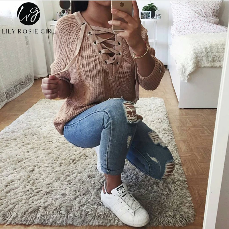 Lily Rosie Girl Lace Up V Neck Women Casual Long Sweaters Pullovers Knitting Full Sleeve Feeme Sueter 2018 Autumn Winter Jumpers | Женская