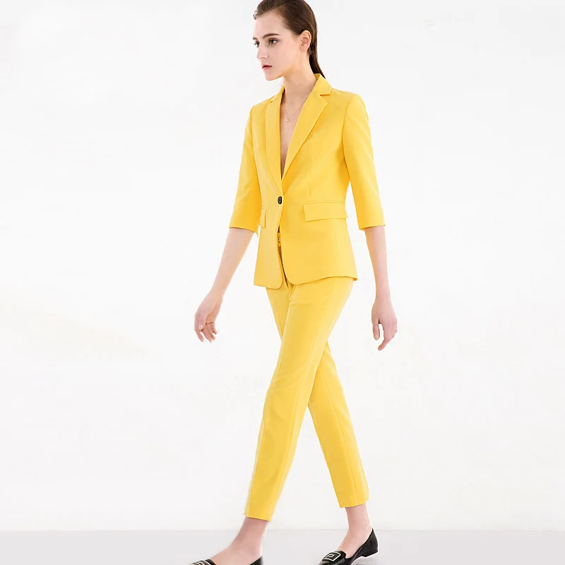 Женский офисный костюм из двух предметов Желтый Повседневный пиджак и брюки с