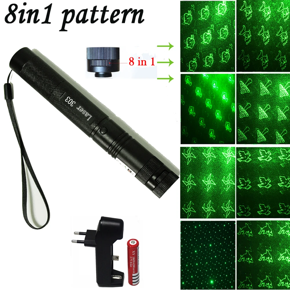 

8 in1 Green Laser Pointer lazer 532nm 5mW 10000m 303 Laser Pen Adjustable Powerful light burning Lasers Adjustable Focus