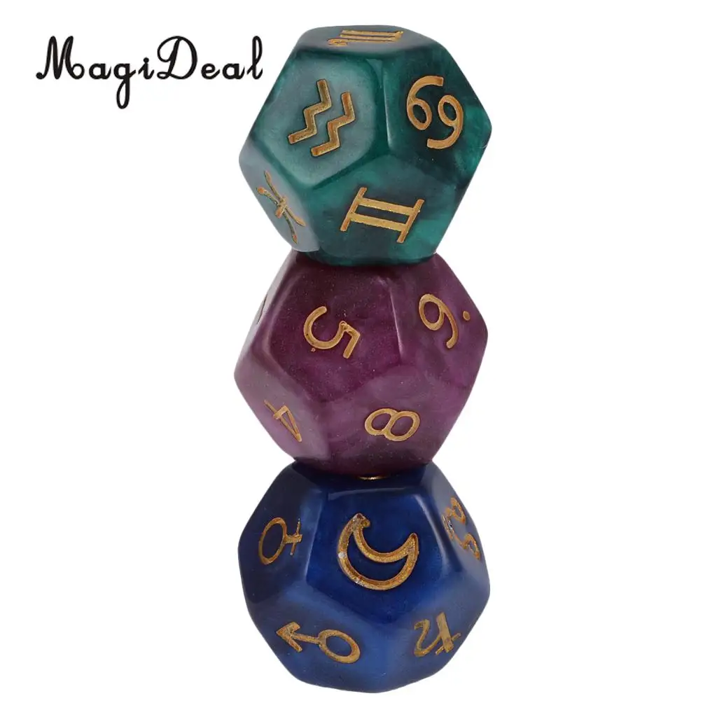 MagiDeal Novelty Pack of 3Pcs Pearl 12-Sided Astrology Digital Dice for Constellation Divination Toys Fun Family Club Game Gift | Спорт и