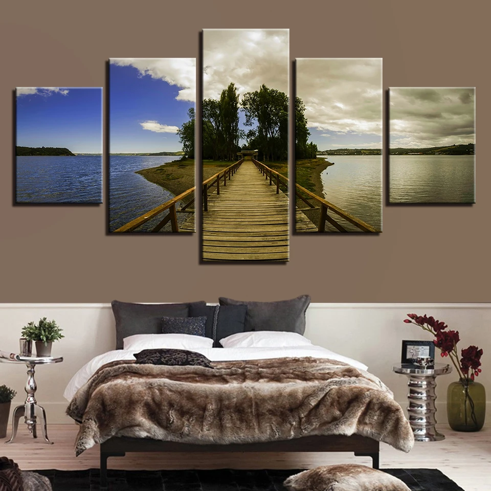 Wall Art HD Printed 5 Pieces Wooden Bridge Green Trees Blue Sky And Sea Scenery Modular Canvas Pictures Artworks Decor Paintings | Дом и сад