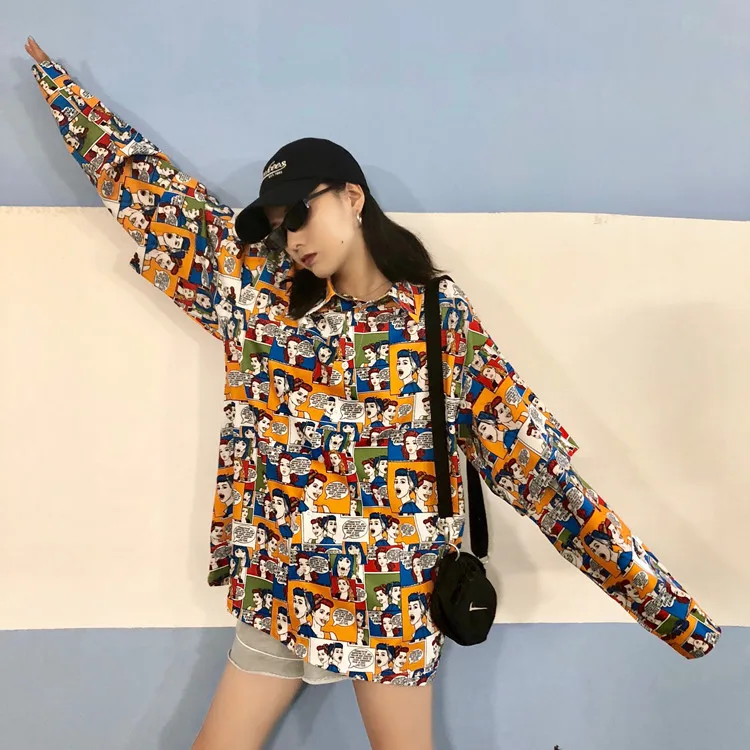 Весна, Новая высококачественная японская рубашка Harajuku Ulzzang, свободная контрастная цветная повседневная женская рубашка с длинным рукавом