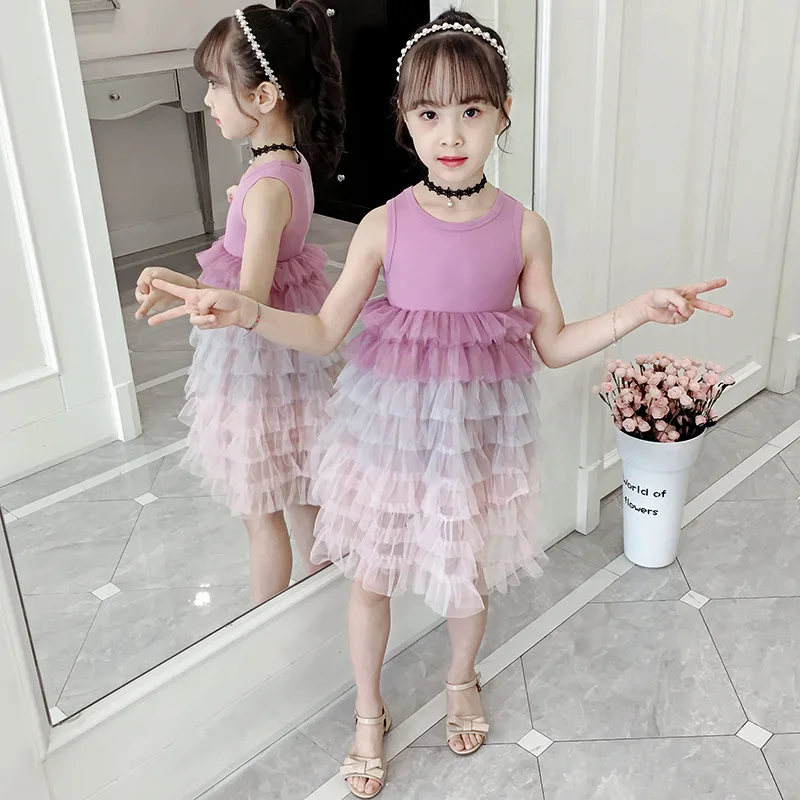 gradient color frocks rainbow dress age for 3-12 yrs little girls colorful ruffled cupcake kids christmas sleeveless | Детская одежда и