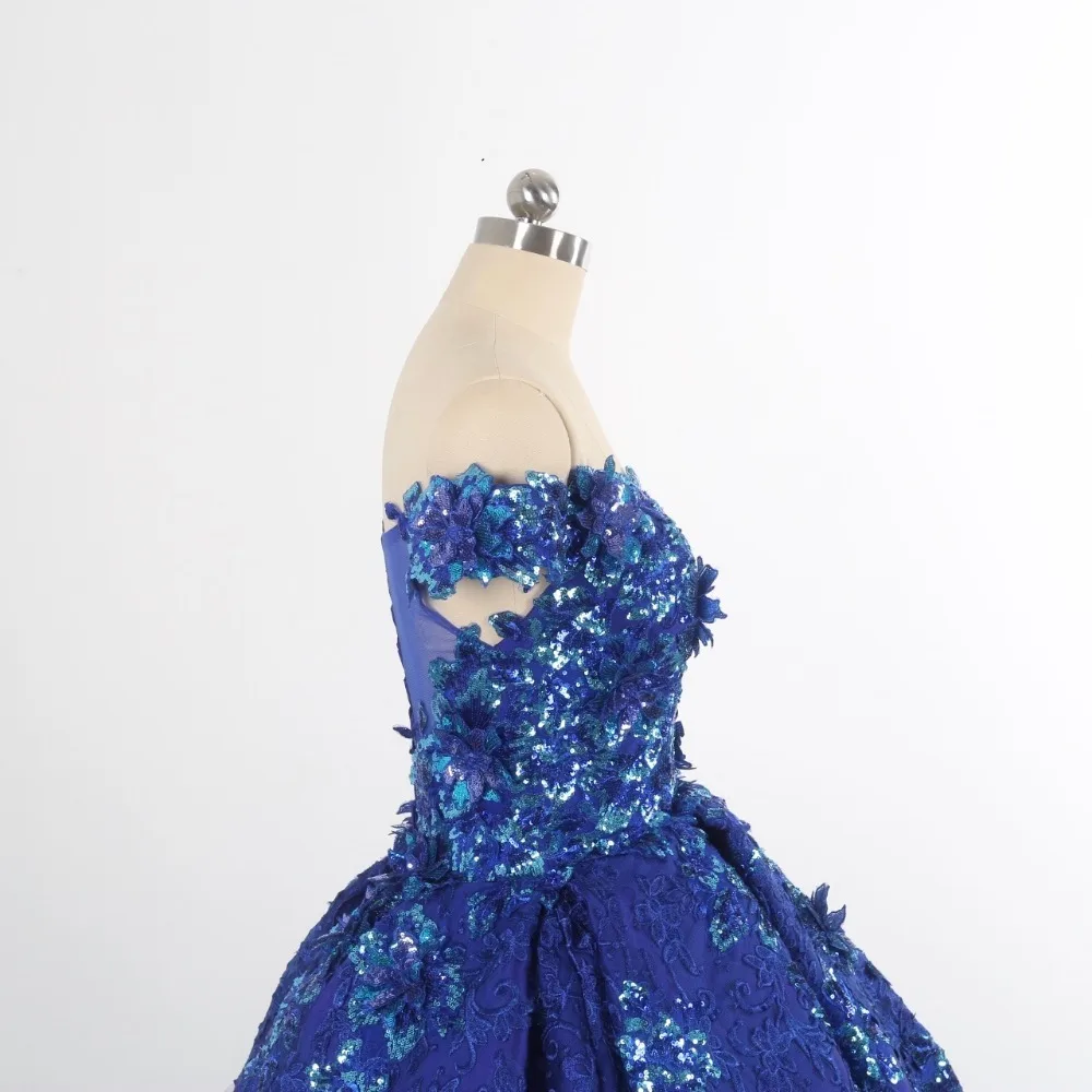 Real photo New Royal blue butterfly Sequined Wedding dresses with Boat neck  fast shipping