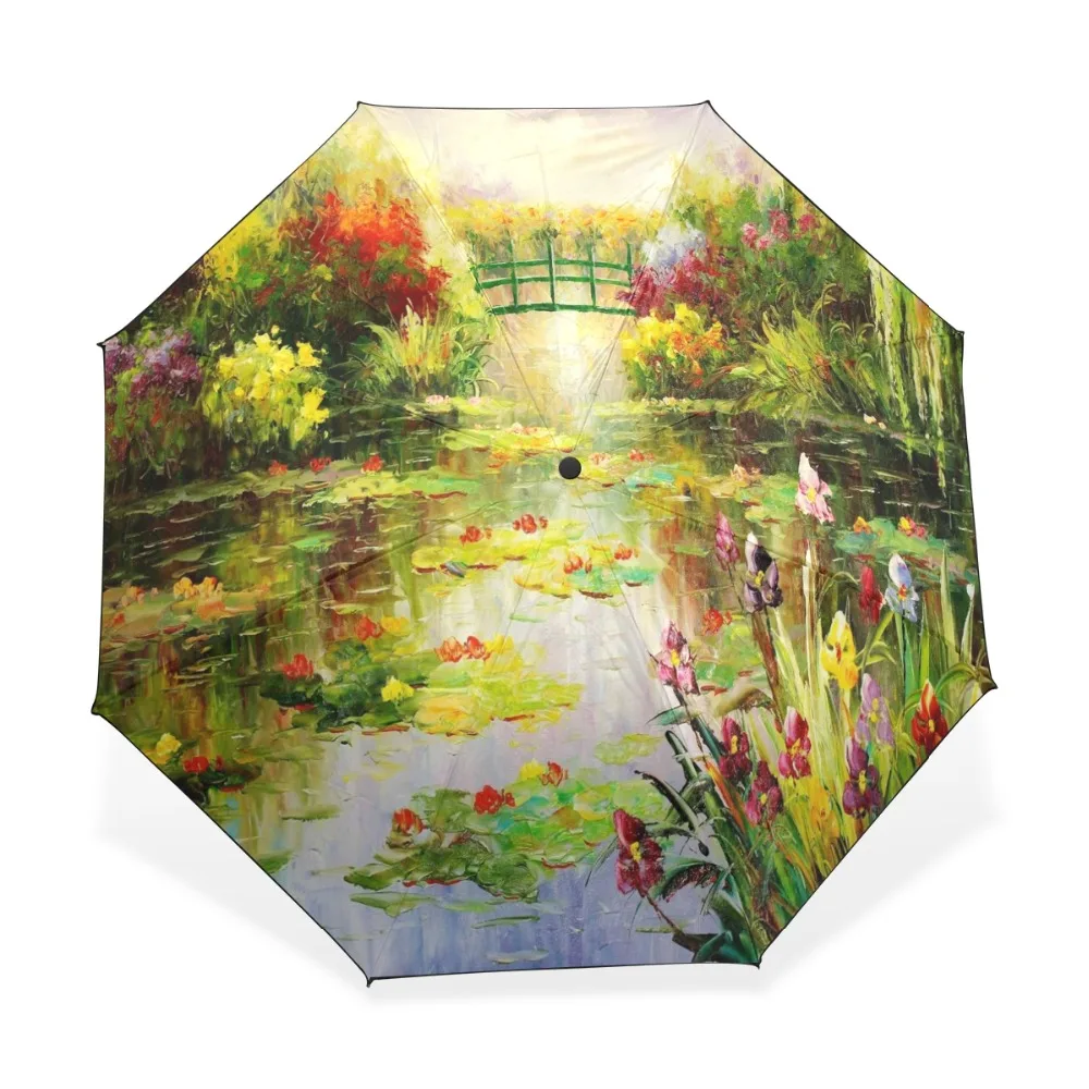 

Monet Oil Painting Women's Umbrella Rain Women Three Folding Automatic Umbrella Parasol Sun Protection Anti-UV Rain Umbrella