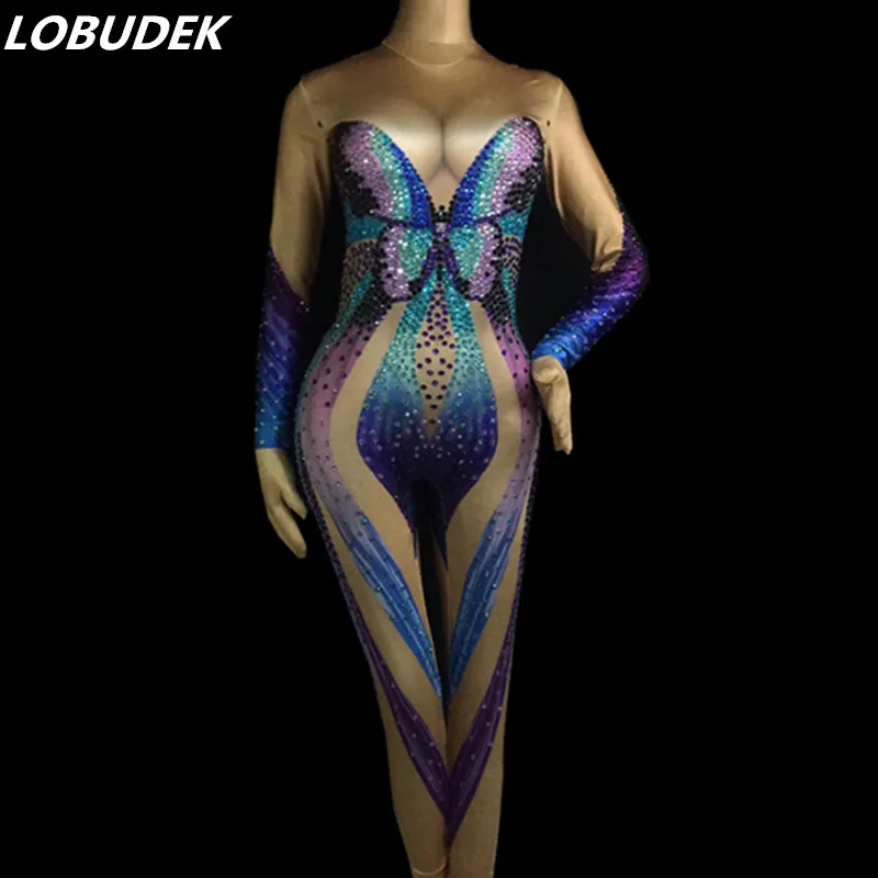 Female costume blue Butterfly Rhinestones Jumpsuit Sexy Stretch Crystals Bodysuit Bar Singer Stage wear performance Party | Женская