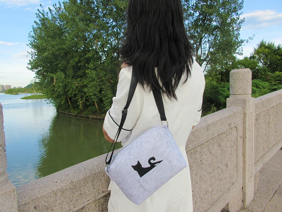 Взгляд фокус Cat шаблон Crossbody чувствовал мешок мини-милый серый войлок сбоку мешок специальный легкий Девушки дорожные сумки Малый