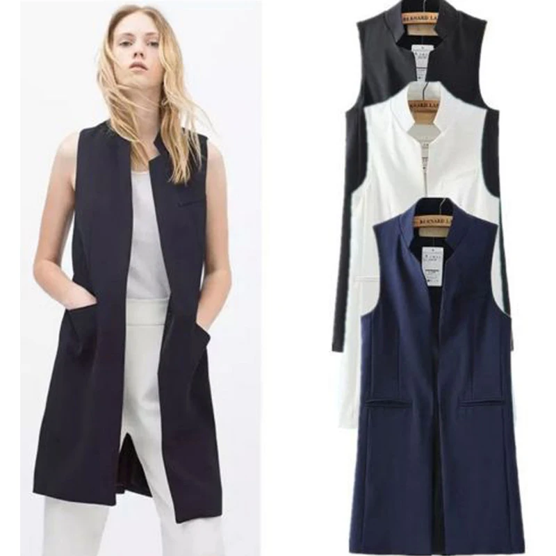 2018 Для женщин белый черный длинный жилет пальто Европа Стиль без рукавов куртки