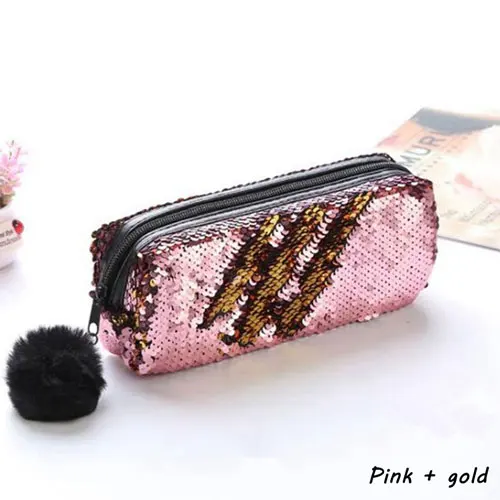 Pink plus gold Милый чехол-карандаш с блестками для девочек, школьные принадлежности, чехол-карандаш с помпоном, школьные канцелярские принадлежности, подарок, милый пенал, чехол-карандаш - Цвет: Pink plus gold