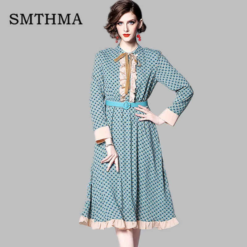 Photo Color SMTHMA женское шифоновое платье в горошек с оборками и длинным рукавом, женские длинные платья, Ретро стиль, ТРАПЕЦИЕВИДНОЕ женское подиумное платье - Цвет: Photo Color