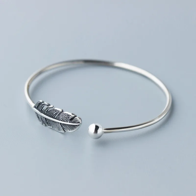

L&P Wholesale 100% 925 Sterling Silver Feather Blacelet Bangle Top Quality Silver Blacelet For Women Men Birtyday Gift