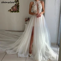 chenxiao beach wedding dresses a line sleeveless backless lace appliques court train bridal gowns wedding dress