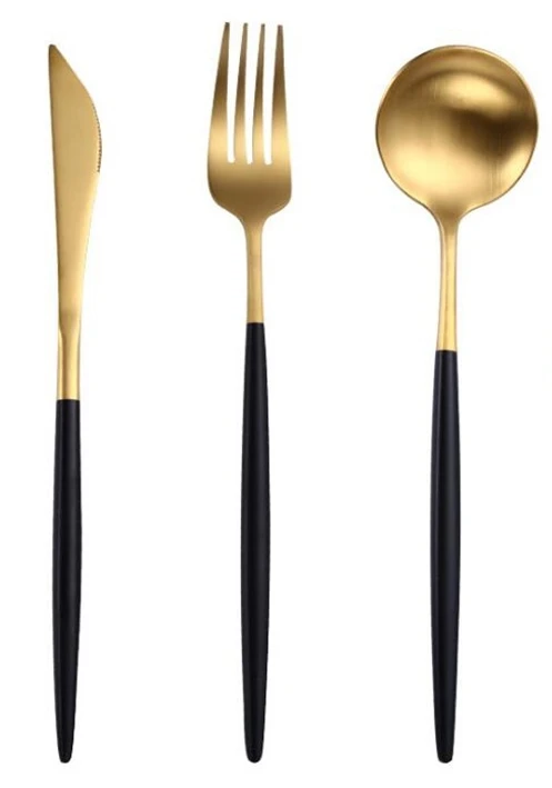 black gold 3pcs set Португалия с острым концом Набор столовых приборов черная ручка набор столовых приборов Золото Серебро Цвет Западная посуда вилка, нож, ложка палочки для еды - Цвет: black gold 3pcs set