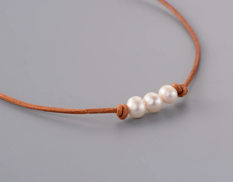 Ожерелье чокер женское из натуральной кожи с пресноводным жемчугом|leather choker|natural