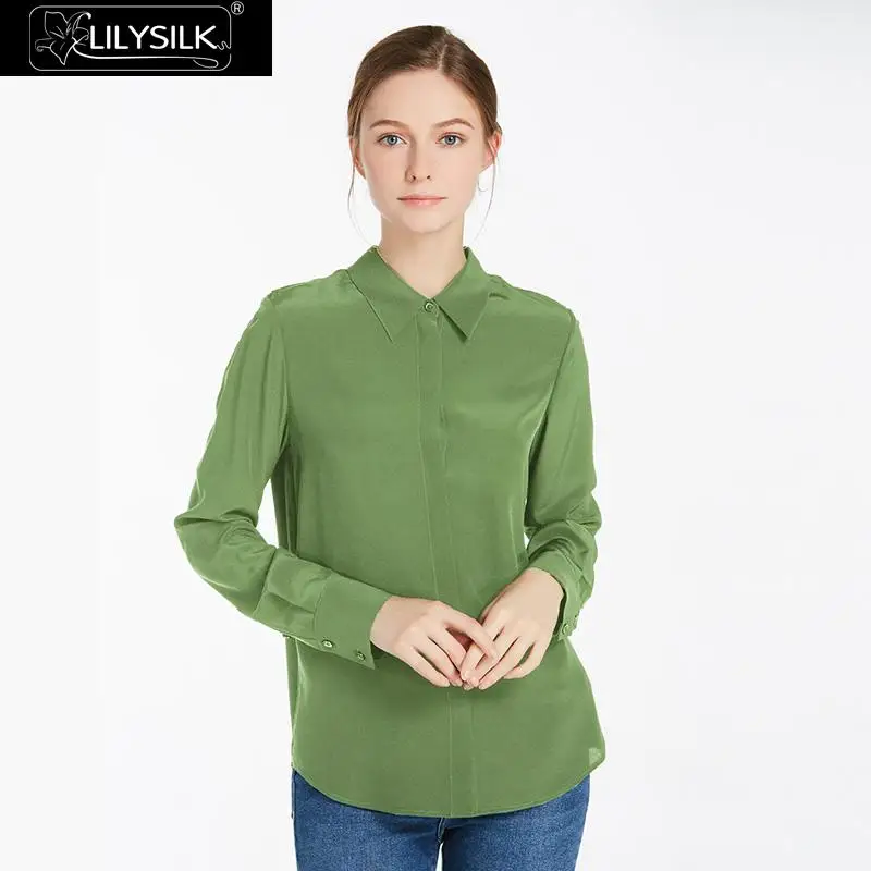 Kale Green LilySilk блузка рубашка шелковая топ футболка для Для женщин 18 мм одноцветное длинный рукав - Цвет: Kale Green