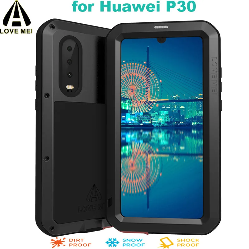 

LOVE MEI For Huawei P30 Phone Case Luxury Aluminum Metal Armor Shockproof Life Waterproof POWERFUL Cover with Gorilla Glass Film