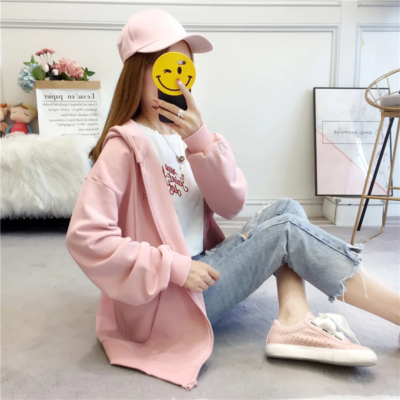 Женские толстовки Harajuku Ulzzang, милые женские пуловеры на молнии, корейский стиль, длинный рукав, с капюшоном, женские свитшоты