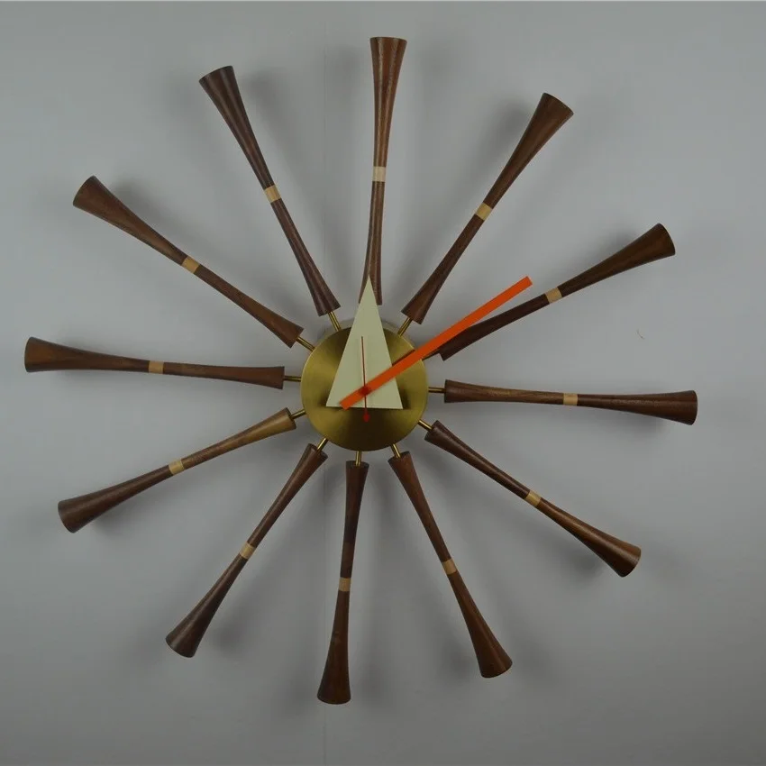 

Large Spindle Wall Clock Modern Design Wall Watch Battery Operated Quart Silent Barss Shell Dial American Walnut Wooden 58cm