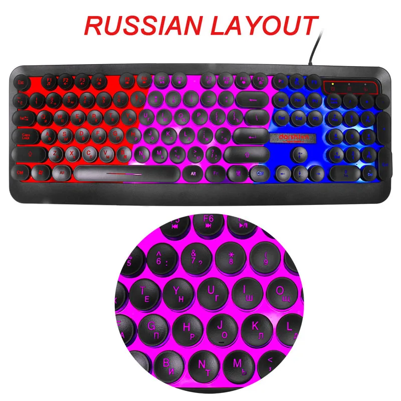 Russian layout Игровая клавиатура на русском и английском, Ретро Круглый Цвет Фул дыхание подсветкой 3-Цвет светильник панели USB проводной клавиатуры для ноутбука ПК - Цвет: Russian layout