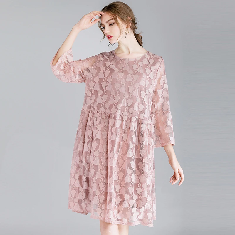 Женское кружевное платье с круглым вырезом и бантом на спине повседневное