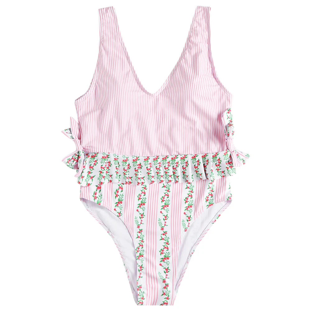 Pink Belleziva, милый цельный купальник для девочек, розовый, винтажный, с бантом, с открытой спиной, сексуальный глубокий v-образный вырез, купальник для женщин, с открытой спиной, купальный костюм, монокини - Цвет: Pink