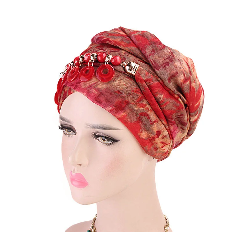 Ожерелье с вуалью шарф этнический стиль краситель Печать мусульманская шляпа тюрбан шапка арабский обернутый головной шарф, женский, хиджаб банданы головные уборы