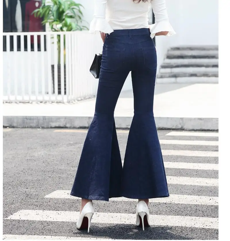 Сексуальные Стрейчевые джинсы расклешенные брюки 2019 модные синие тонкие осенние