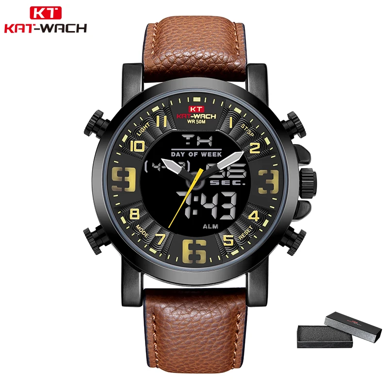 KT1818coffe KT мужские часы подарки для мужчин аналоговые цифровые Мужские часы с кожаным ремешком повседневные водонепроницаемые часы с хронографом для дайвера модные 1845 - Цвет: KT1818coffe