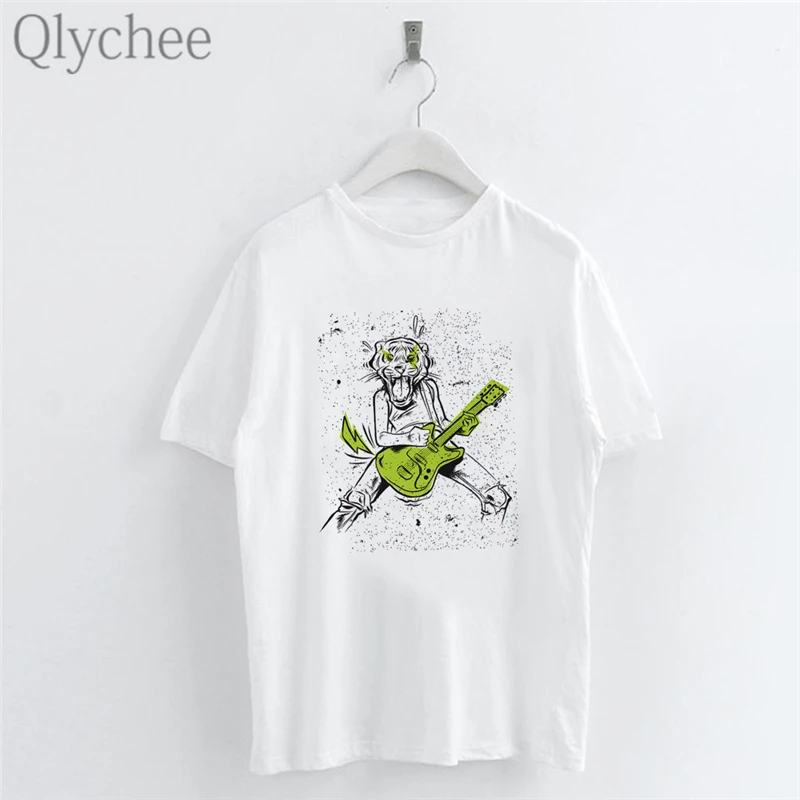 Qlychee Harajuku женская футболка с принтом животных из мультфильма гитара Тигр