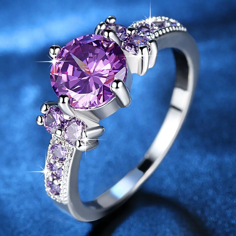 Dovolov Fashion Jewelry Purple /Red/Green/Blue Round Filled Real Rhodium Ring Women AAA+ Zirconia CZ Wedding A420 | Украшения и