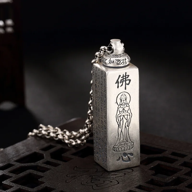 

2018 Hot Sale S990 Fine Silver Buddha Avalokiteshvara Heart Charms Mantra Silver Can Open The Ga Black Box Pendant