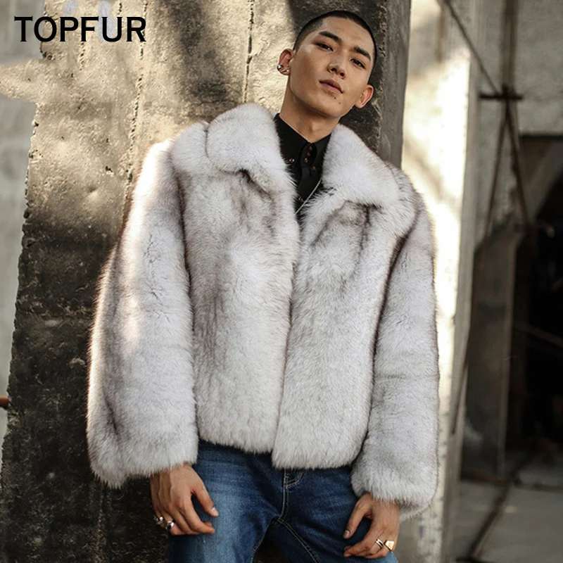 Мужская куртка с натуральным лисьим мехом белая воротником из натуральной кожи