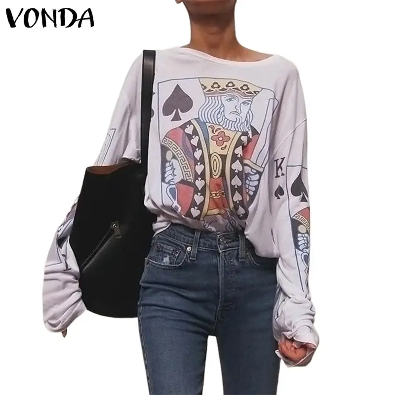 VONDA Для женщин с О-образным вырезом осень-зима базовые Топы принтом 2019 свободные