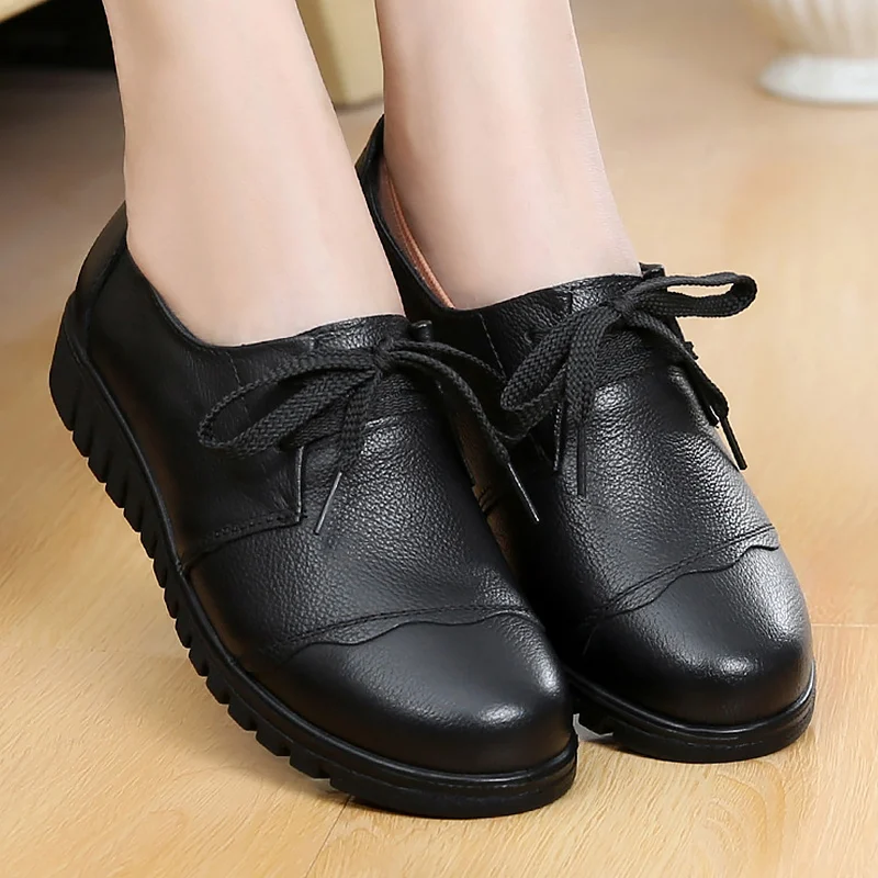 

Shoes Woman Genuine Leather Designer Luxury Ladies shoes Lace-up Basic Casual Flats Shoes 2019 Hot Black shoes size 41
