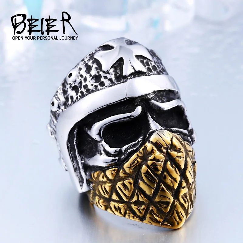 Beier Cool Part Plated Gold Cross Skull Ring 316L Stainless Steel Man's Biker Punk Personality Style BR8 355|skull ring|316l stainless