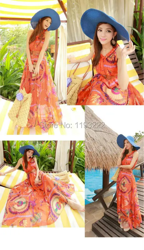 Womne Summer Fashion Retro Ruffle Neck Sleeveless Boho Chiffon Floral Pleated Loose Belted Party Big Hem Long Maxi Dress | Женская