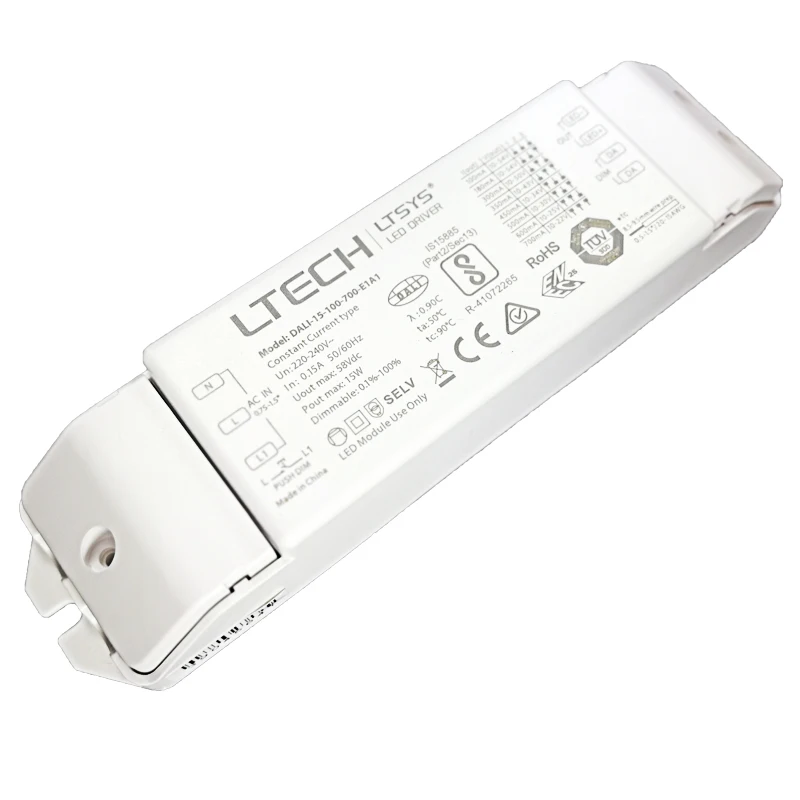 DALI-15-100-700-E1A1 DALI Диммируемый драйвер, AC220-240V вход; 100mA-700mA 15 Вт выход; DALI/Push CE Dali Диммируемый драйвер питания