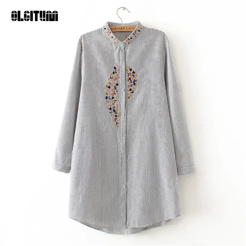Женская рубашка в полоску с вышивкой и длинным рукавом|embroidery shirt|women blouse shirtblouse shirt