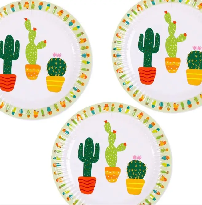 10Pcs 7inch Вечерние одноразовые столовые приборы в виде кактуса для вечеринки, украшения для дня рождения, Детские сувениры, бумажные тарелки и стаканы в виде кактуса, Гавайские вечерние принадлежности - Цвет: 10Pcs 7inch