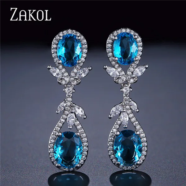 ZAKOL, модный дизайн, 2 шт., капли воды, кубический циркон, висячие серьги для женщин, для свадеб, вечерние, юбилейное платье, ювелирные изделия, FSEP2061 - Окраска металла: Light blue