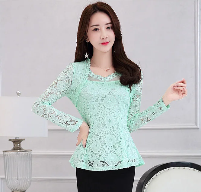 Новая мода renda blusas femininas, Женская кружевная рубашка, открытая кружевная блузка, рубашка для женщин, большие размеры, цветочные кружевные топы - Цвет: Light green