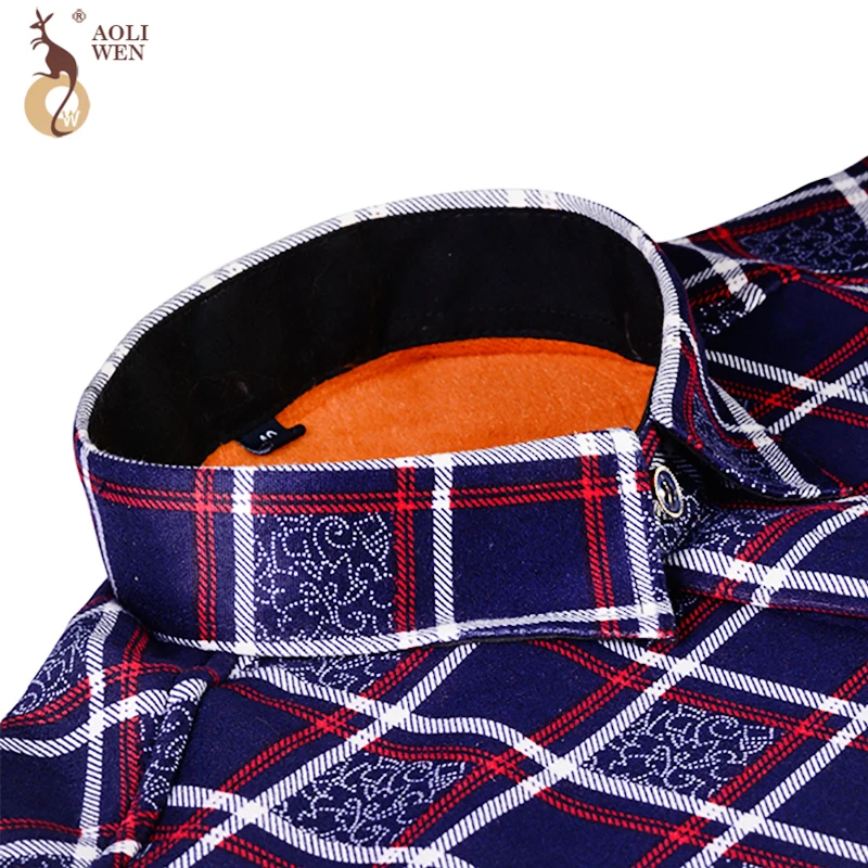 Aoliwen Men's winter Lining wool warm shirt flannel milk silk long sleeve men thicken casual fashion plaid shirt slim fit