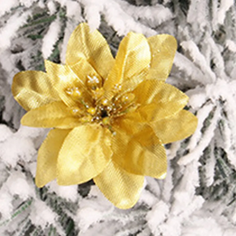 Пластиковые орнаменты из искусственных цветов Poinsettia блестящий цветок для рождественской елки новогодние Свадебные украшения 6 см