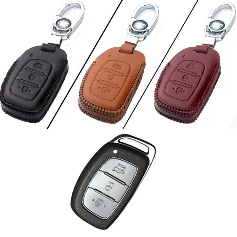 

Genuine PU Leather 3 Button Remote Key Bag Case Fob Holder Chain For Hyundai Series A