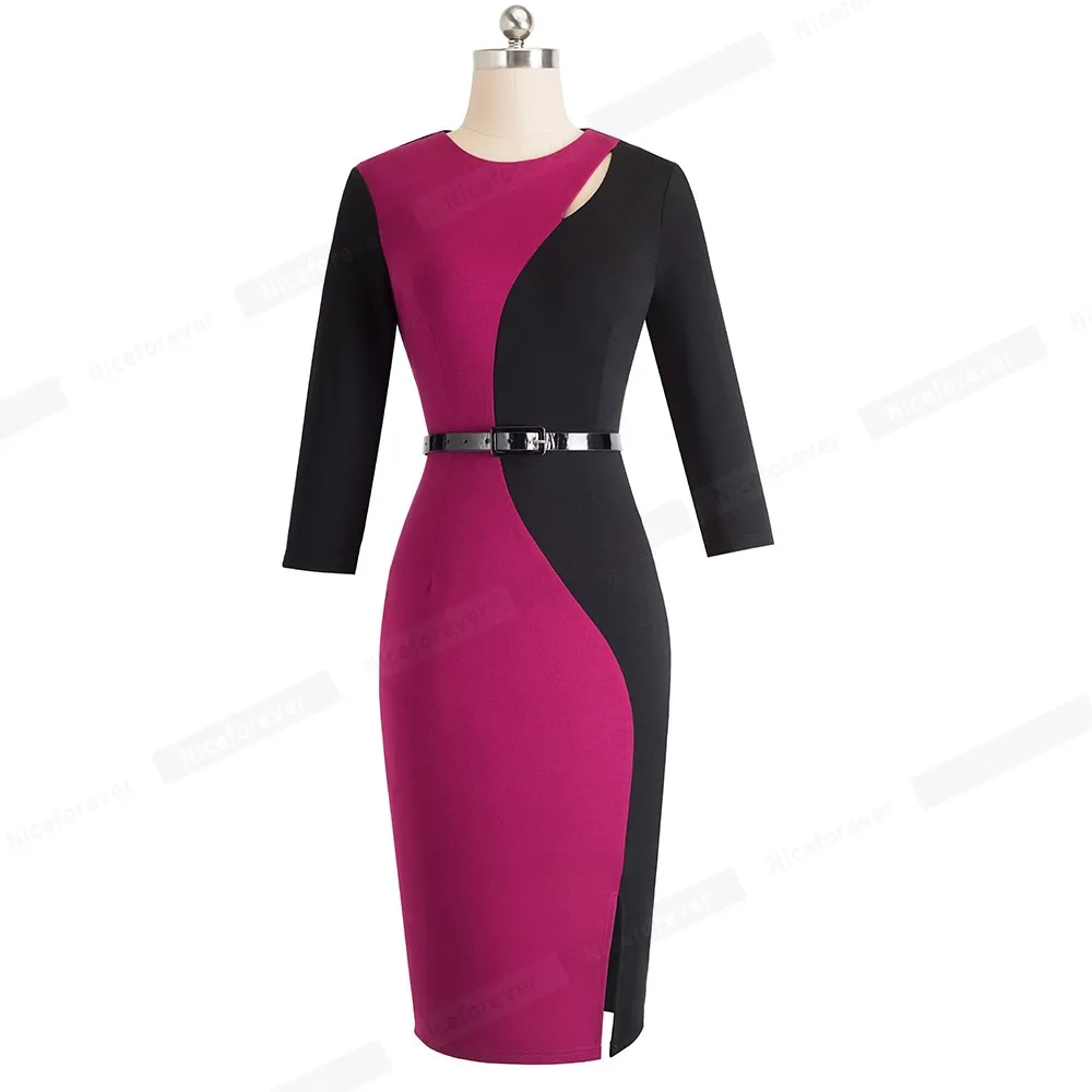 Хорошее-forever винтажное контрастное цветное лоскутное платье для работы vestidos с круглым вырезом Вечерние облегающее офисное деловое женское платье B478