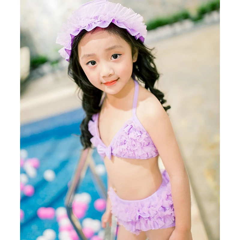 Lovely Girl Children Beachwear Swimsuit Solid Ruffled Summer Two Pieces Swimwear Child Girls Bathing Bikini Set With Swim Cap |