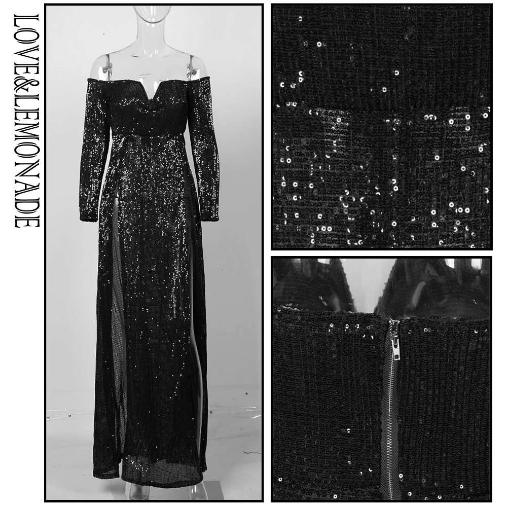 

LOVE & LEMONADE Sexy Deep V-Neck Cut Out Sequins Long-Sleeved Maxi Dress LM81599