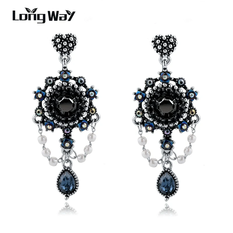 

LongWay 2019 New Fashion Ethnic Vintage Drop Dangle Earrings for Women Blue Crystal Bronze Color Jewelry Gifts SER160112